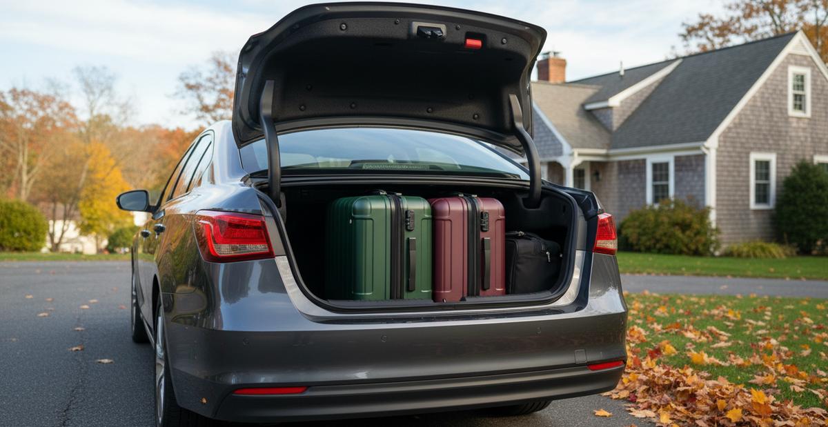 The open trunk of a gray sedan holding two large suitcases and a black carry-on bag, parked in a driveway on an autumn street.