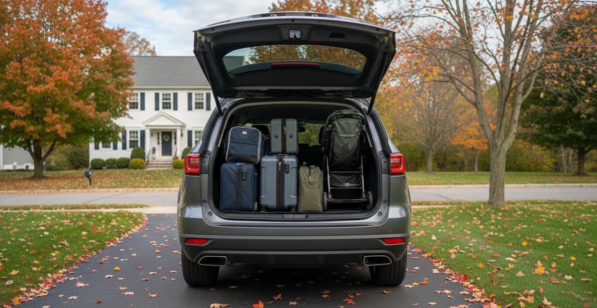The raised rear door of a gray SUV with five suitcases and bags and a folded stroller inside, parked in a driveway in front of a white house.