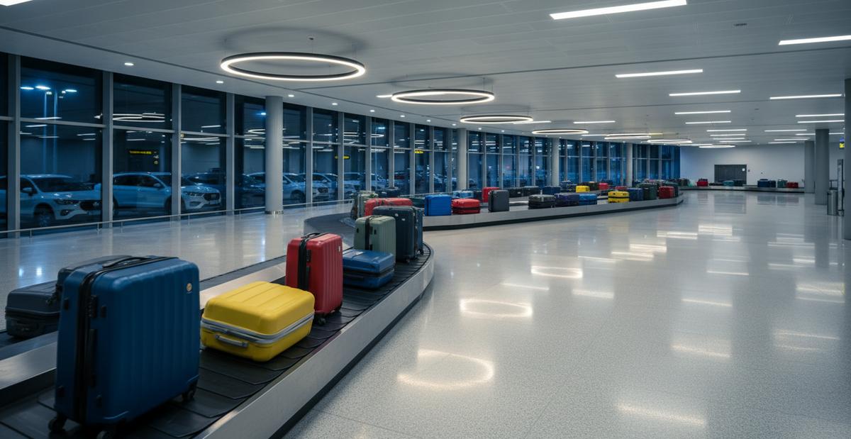 Suitcases in blue, yellow and red riding a curved baggage belt in an empty terminal hall.
